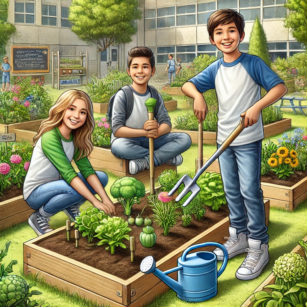 DALL·E 2025-09-02 19.51.43 - A realistic drawing of a school gardening club, featuring only three cheerful middle school students working together in a lush school garden. They ar
